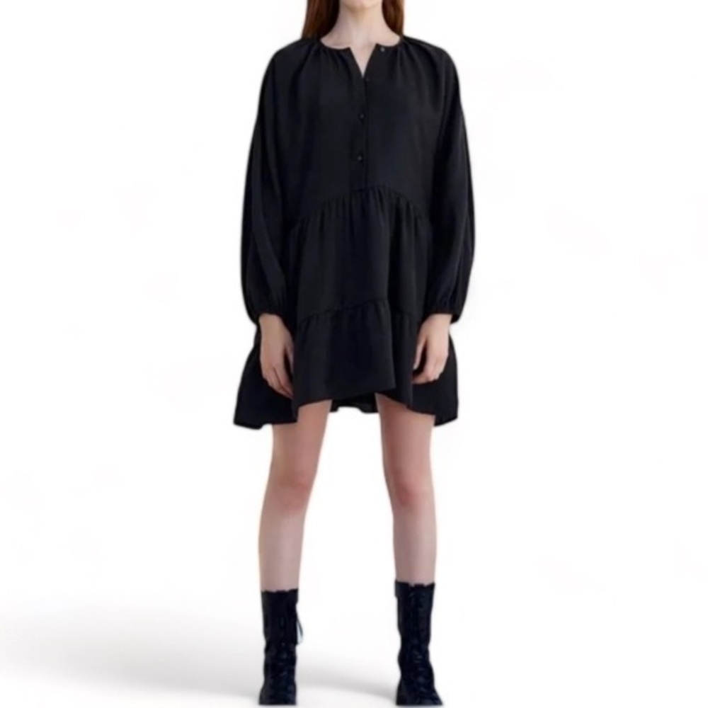 ZARA Tiered Baby Doll Long Sleeve Mini Dress in Black